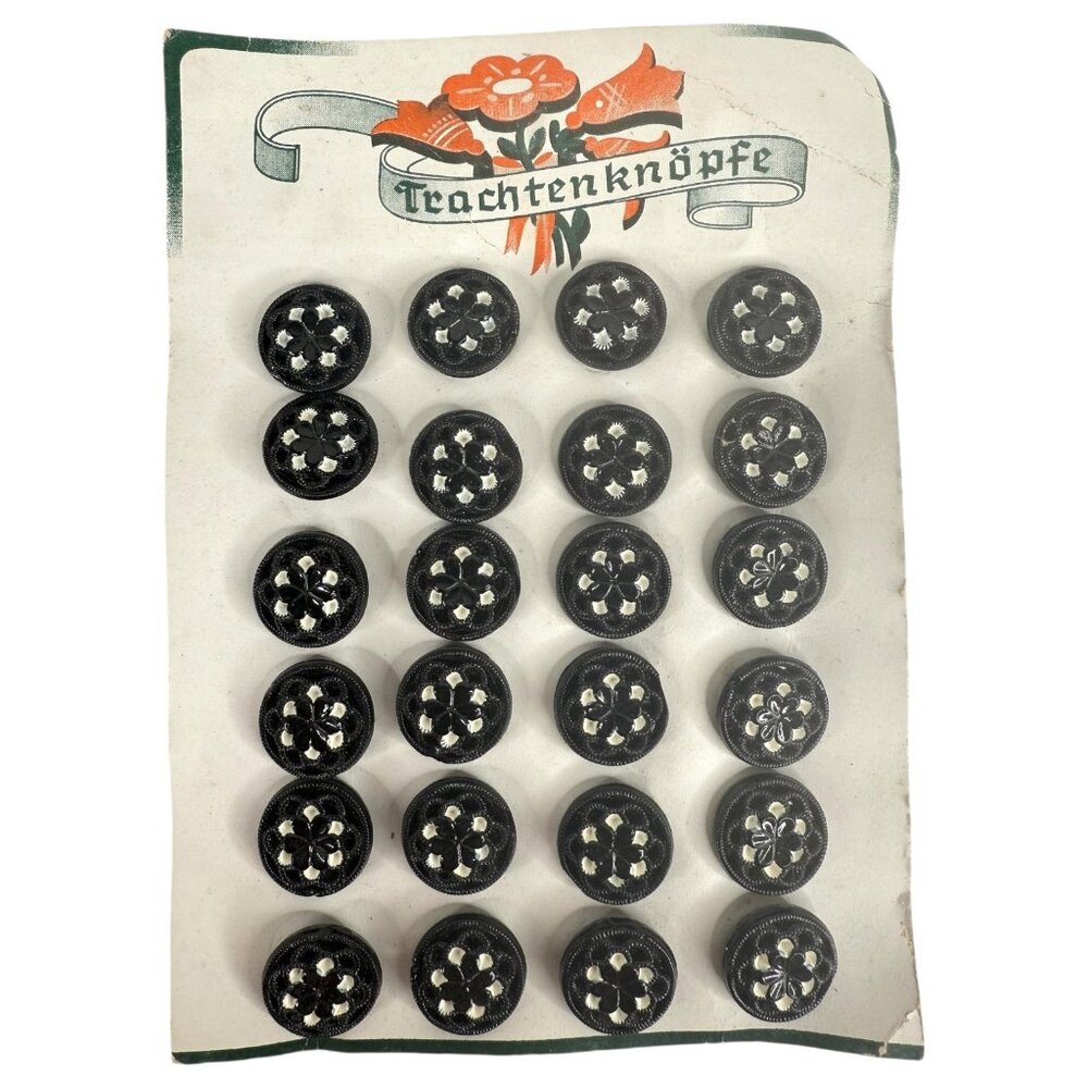 VTG 24 German Shank Buttons Hand Painted White on Black On Card Sewing Germany